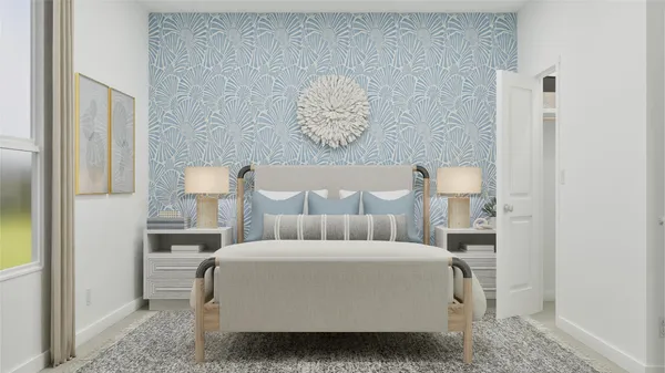 a bed room with a bed and a painting on the wall