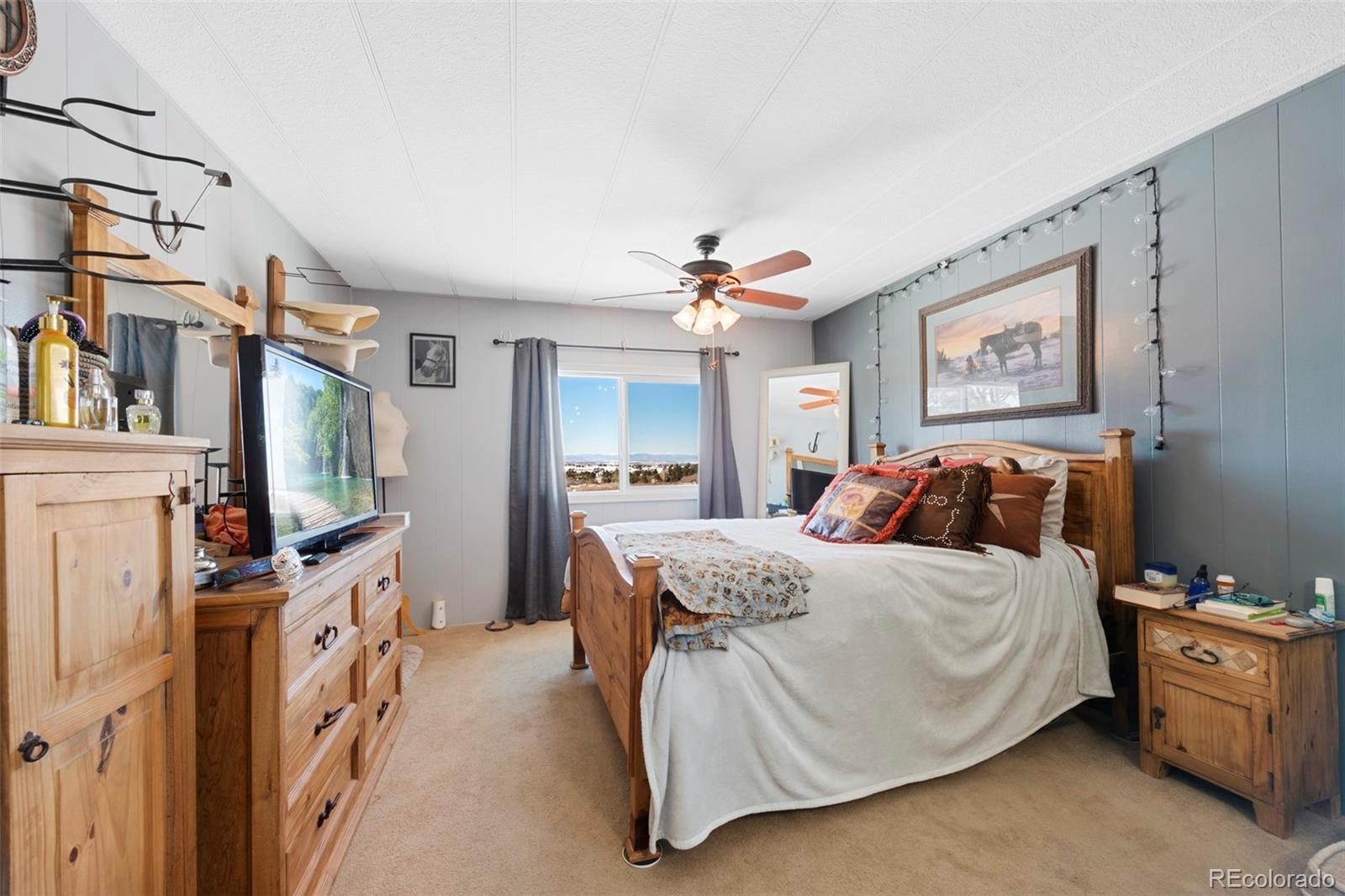 1382 Flintwood Road Franktown, CO 80116 - Photo 19 of 40 a spacious bedroom with a bed and a flat screen tv