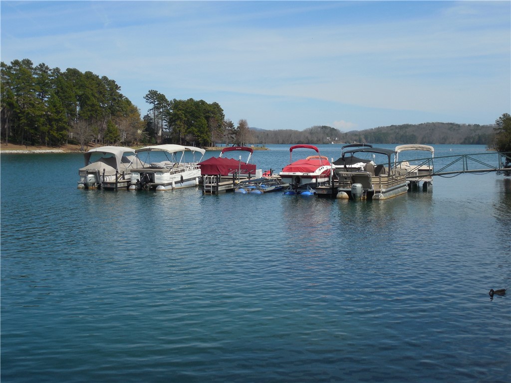 23 Tradewinds Way Salem, SC 29676 - Photo 30 of 31 This tranquil waterfront scene offers a community dock with multiple boat slips, set against a backdrop of distant hills and a lush tree line.