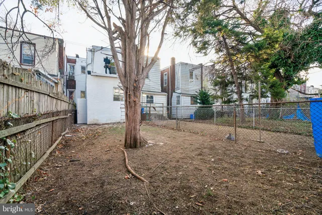 a view of backyard with wooden fence and large trees