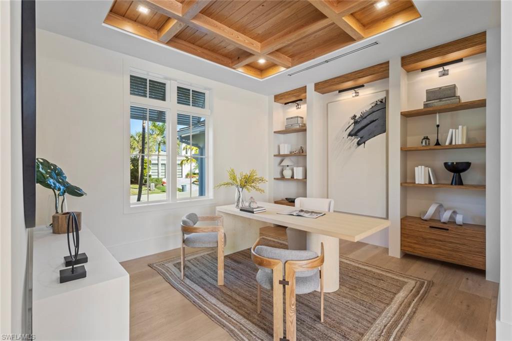 508 16th Avenue South Naples, FL 34102 - Photo 3 of 50 Office featuring a wood ceiling with exposed beams, coffered ceiling, light wood-type flooring, and recessed lighting