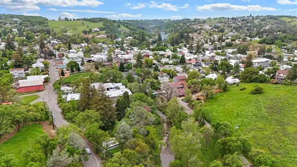 an aerial view of residential houses with outdoor space and trees