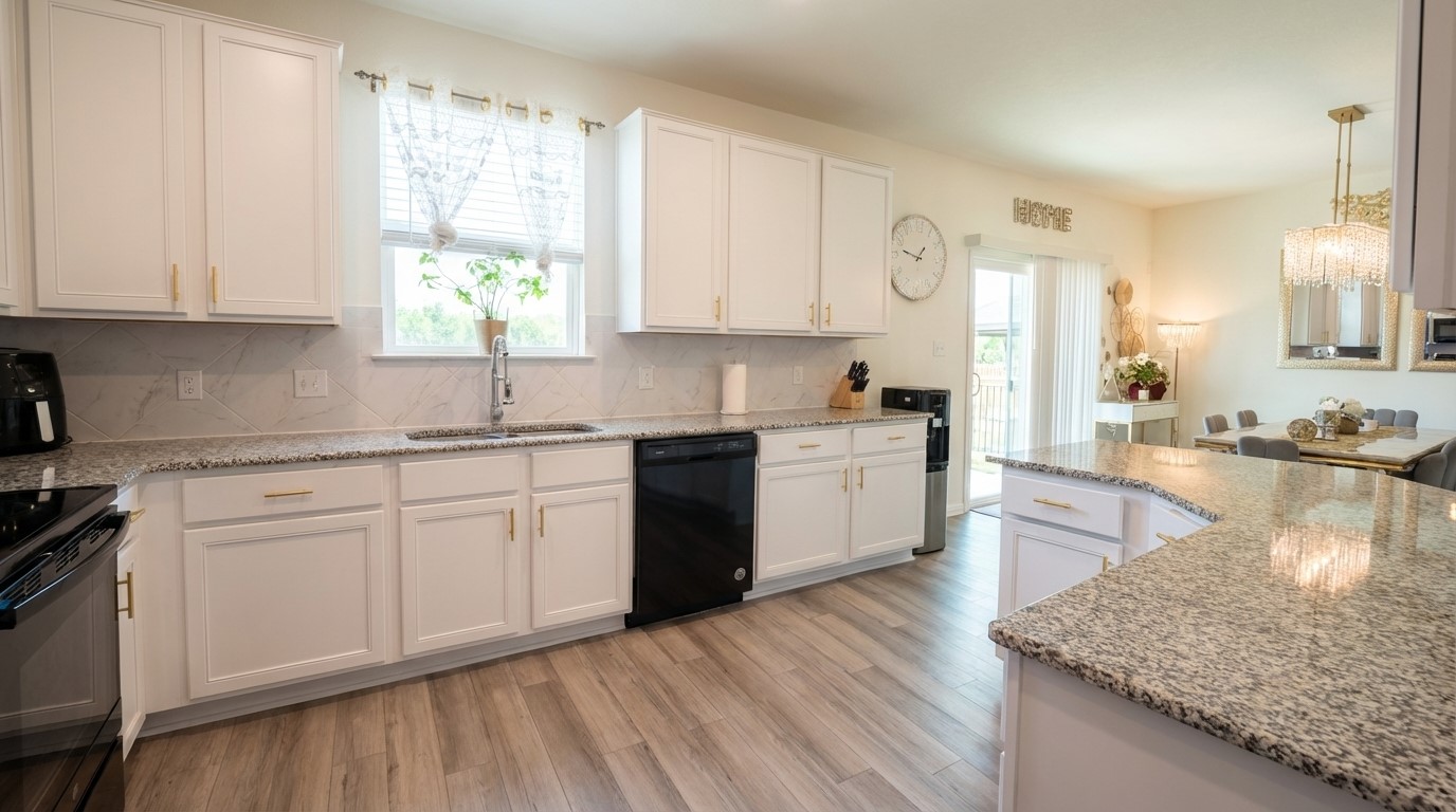 308 Los Cobos Lane Georgetown, TX 78626 - Photo 13 of 31 a kitchen with stainless steel appliances granite countertop a sink dishwasher and white cabinets with wooden floor