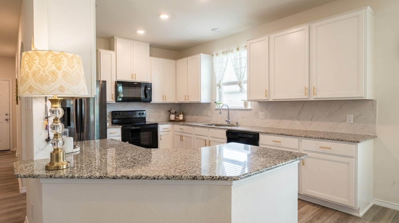 308 Los Cobos Lane Georgetown, TX 78626 - Photo 17 of 31 a kitchen with stainless steel appliances granite countertop a sink a stove and a microwave