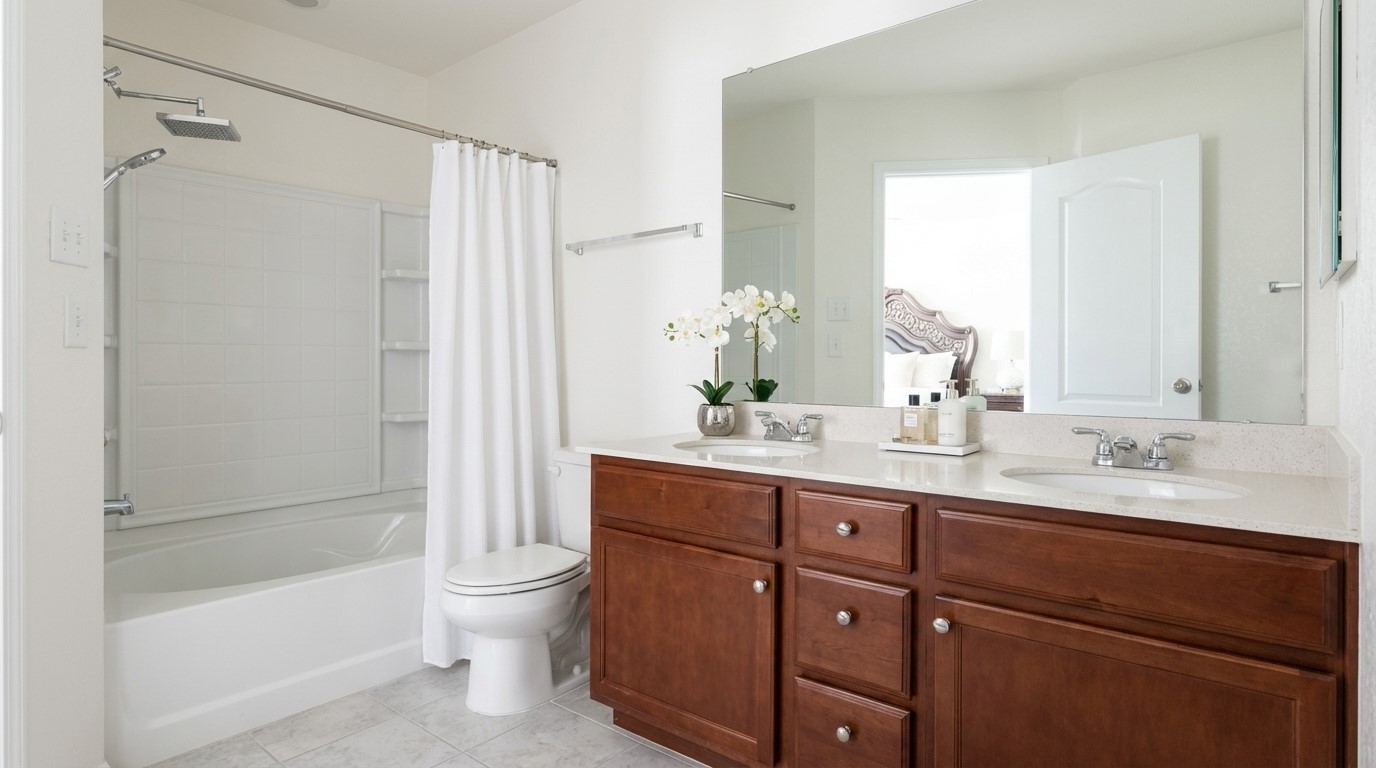 308 Los Cobos Lane Georgetown, TX 78626 - Photo 18 of 31 a bathroom with a double vanity sink toilet and shower