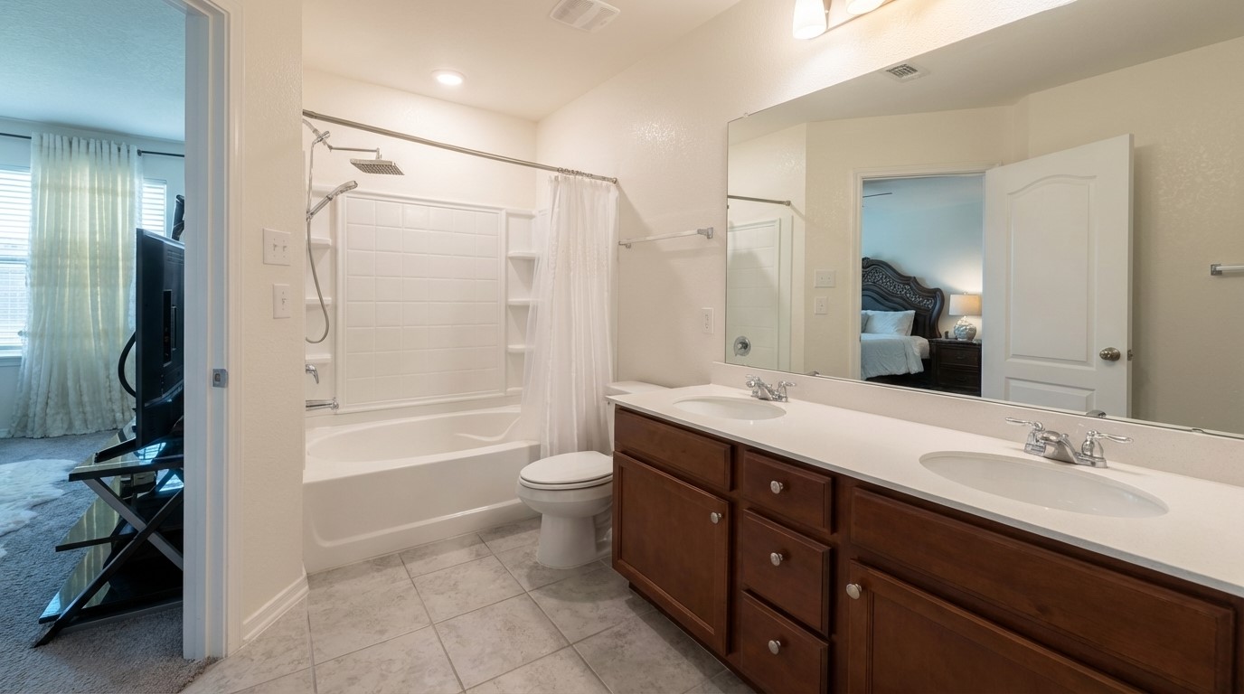 308 Los Cobos Lane Georgetown, TX 78626 - Photo 19 of 31 a bathroom with a double vanity sink toilet mirror and shower
