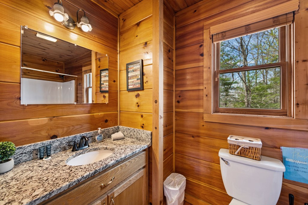 890 Brittney Drive Blue Ridge, GA 30513 - Photo 27 of 37 a bathroom with a granite countertop toilet sink and mirror