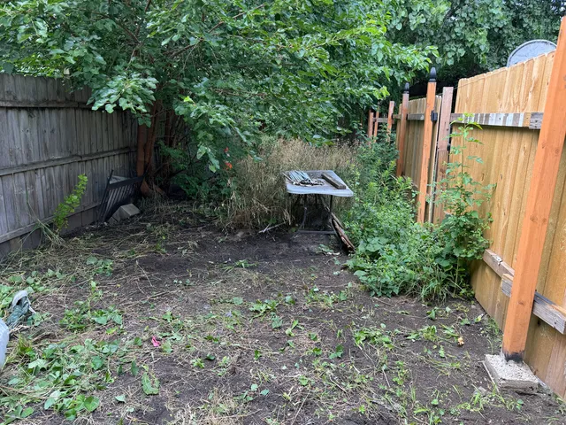 a view of backyard with small cabin and wooden fence