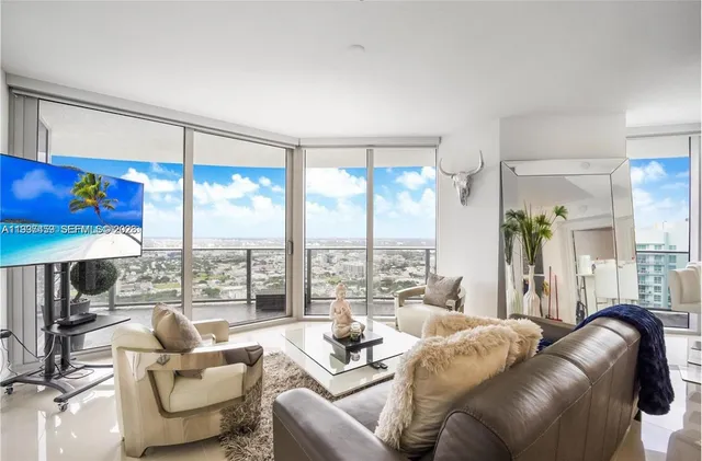 a living room with furniture and a large window