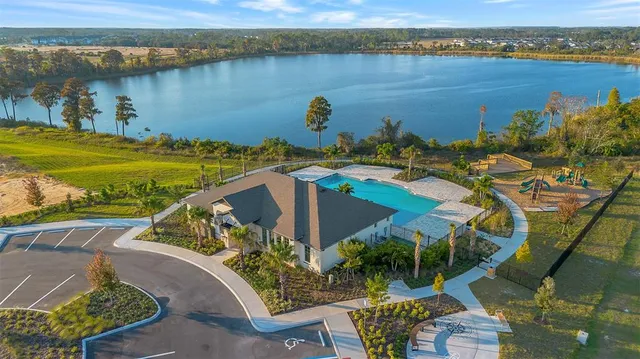 a view of a lake with a patio