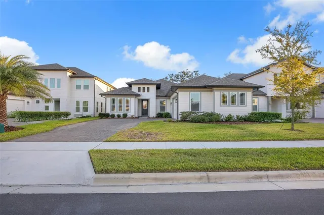 a view of house with a yard and potted plants