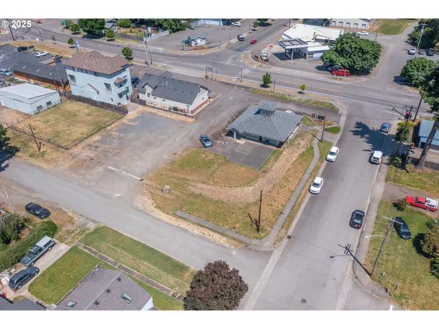 an aerial view of a house with a garden