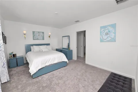 a bedroom with a bed and a walk in closet
