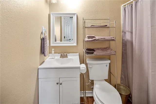 a bathroom with a sink a toilet a mirror and shower