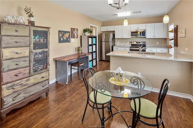 a view of a dining room with furniture and wooden floor
