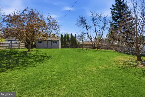 a view of a backyard with large trees