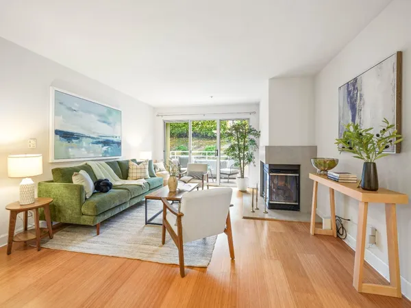 a living room with furniture a fireplace and a potted plant with wooden floor