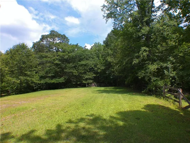 a view of a field with a trees in the background