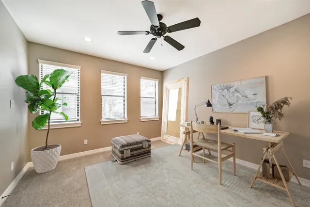 a living room with furniture and a potted plant