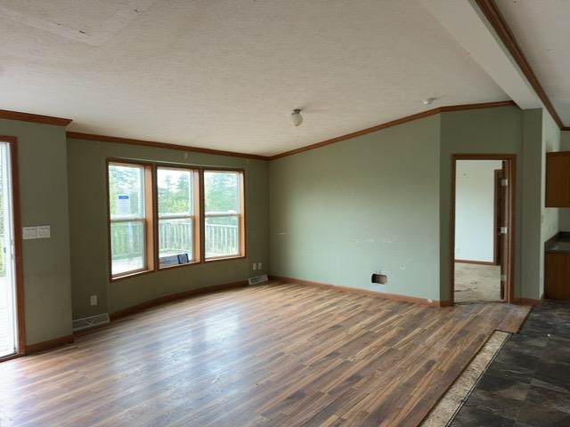 1335 Big Noise Pit Road Two Harbors, MN 55616 - Photo 11 of 20 Unfurnished living room featuring wood finished floors, ornamental molding, lofted ceiling, and baseboards