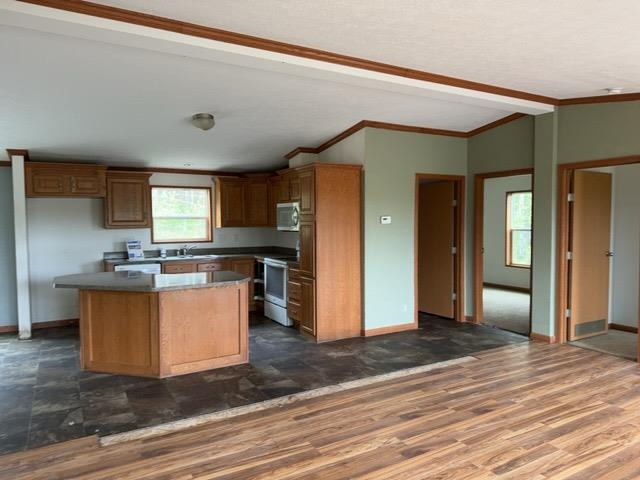 1335 Big Noise Pit Road Two Harbors, MN 55616 - Photo 12 of 20 Kitchen with range with electric cooktop, vaulted ceiling, crown molding, a center island, and stainless steel microwave