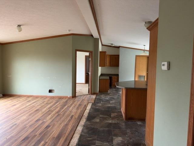 1335 Big Noise Pit Road Two Harbors, MN 55616 - Photo 15 of 20 Unfurnished living room featuring crown molding, baseboards, and lofted ceiling