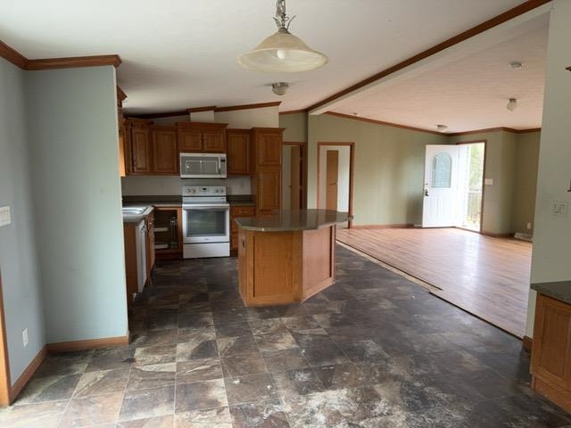 1335 Big Noise Pit Road Two Harbors, MN 55616 - Photo 5 of 20 Kitchen with stainless steel microwave, white electric range oven, vaulted ceiling, crown molding, and baseboards