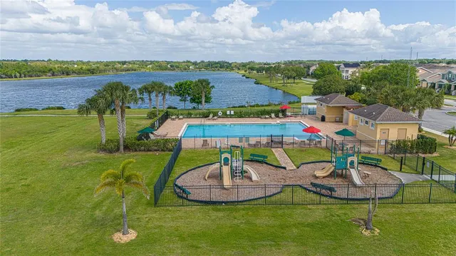 an aerial view of a house with a garden