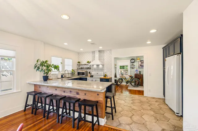 a view of a dining room with furniture