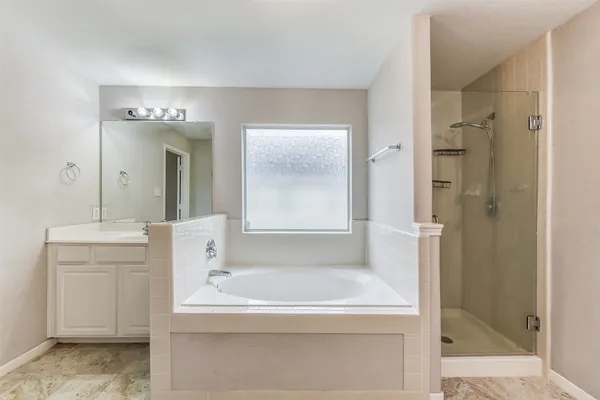 a bathroom with a tub shower sink and mirror