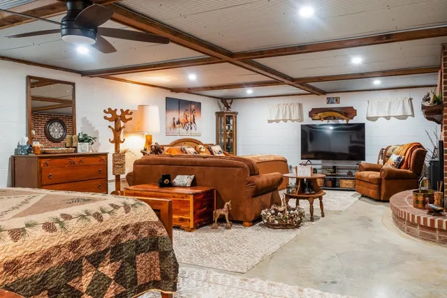 an aerial view of a house with a mountain