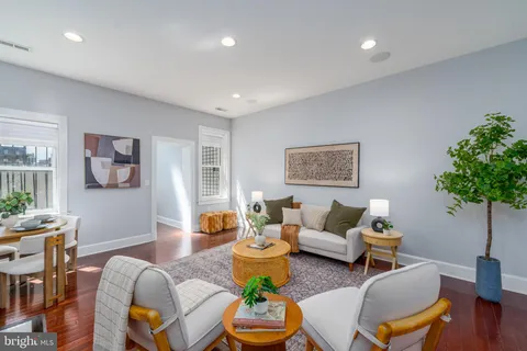 a living room with furniture potted plant and a window