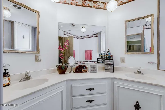 a bathroom with a sink double vanity and a mirror