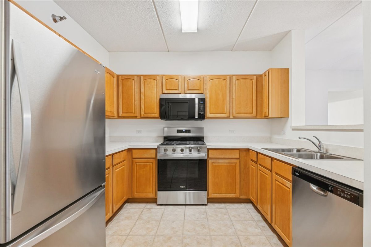 440 West Mahogany Court, Unit 203 Palatine, IL 60067 - Photo 4 of 17 a kitchen with stainless steel appliances granite countertop a stove a sink and a microwave
