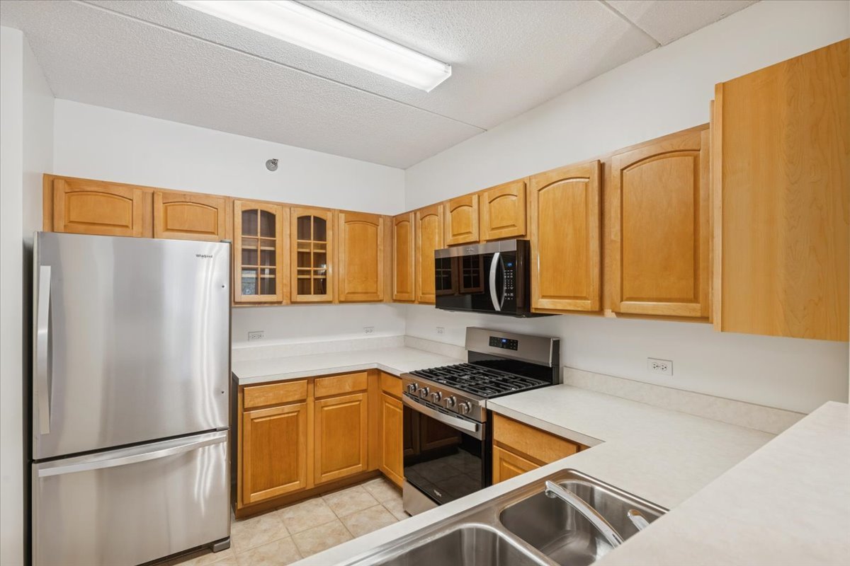 440 West Mahogany Court, Unit 203 Palatine, IL 60067 - Photo 5 of 17 a kitchen with stainless steel appliances granite countertop a refrigerator stove top oven and sink