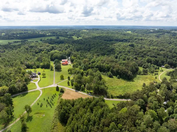 an aerial view of residential houses with outdoor space and trees
