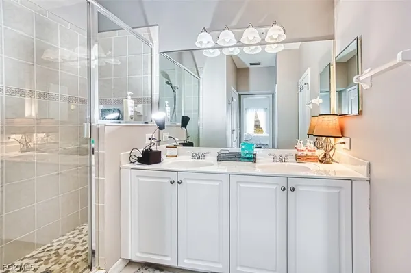 a bathroom with a sink a mirror and a shower