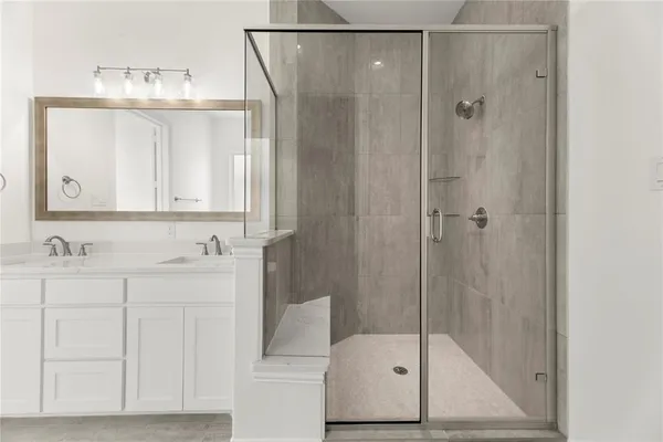 a bathroom with a shower a sink and mirror