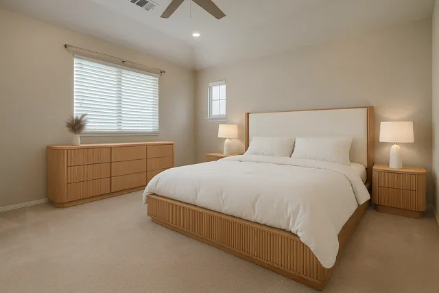 a bedroom with a bed and a window