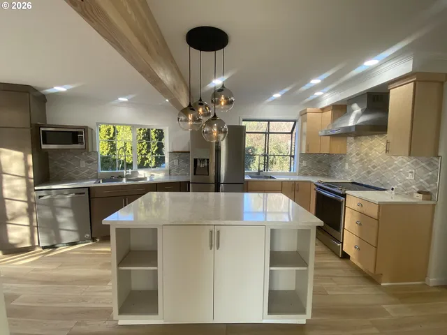 a large kitchen with kitchen island a large counter top space appliances and cabinets