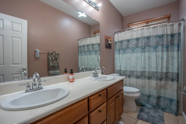 a bathroom with a double vanity sink toilet and shower