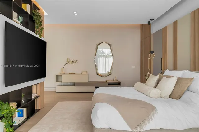 a bedroom with a large bed and a flat screen tv