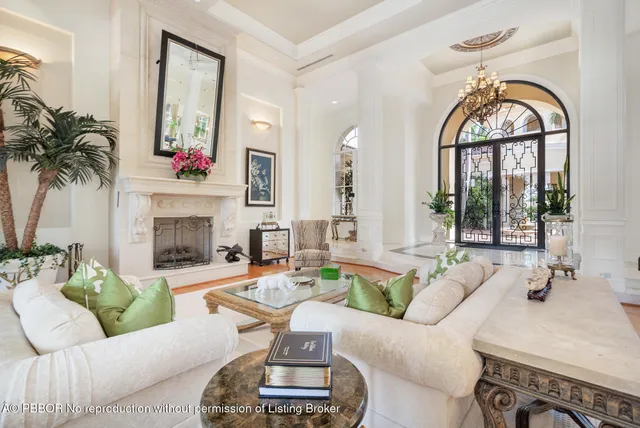a living room with furniture a potted plant and a large window