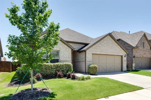 a view of a house with a yard and potted plants