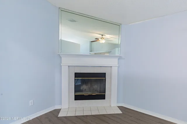 a room with a fireplace