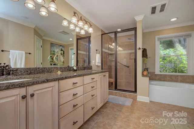 a bathroom with a granite countertop sink a large mirror and a shower