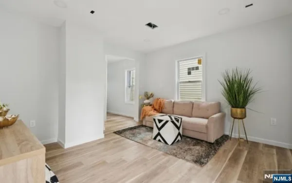 a living room with furniture and a potted plant