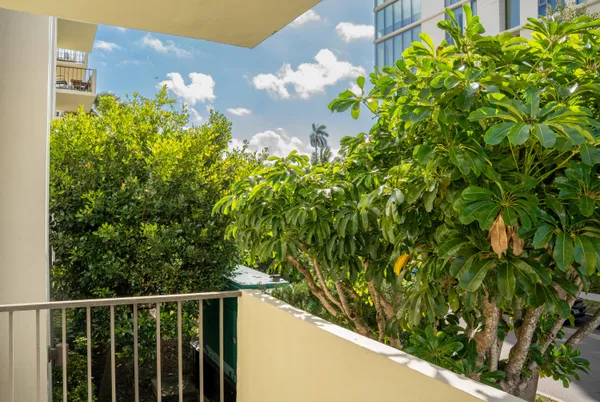 a view of a garden from a balcony