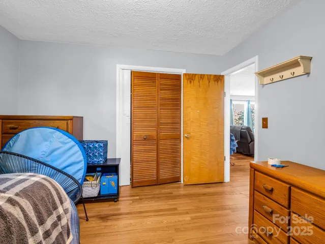 a view of a bedroom with furniture and wooden floor