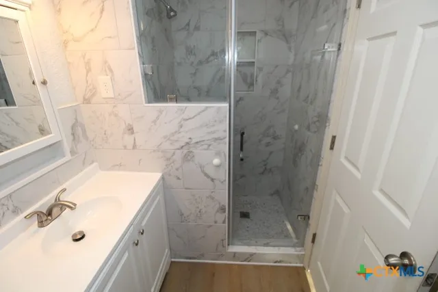 a bathroom with a sink and a shower